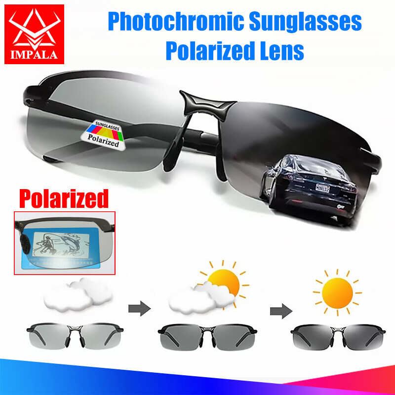 IMPALA PG036W Fashion Men Polarized Sunglasses Metal Frame Photochromic Lens Anti Glare UV Protective Eyeglasses Original Style Korean Sun Glasses UV400 HD Lens Change Color Itself
